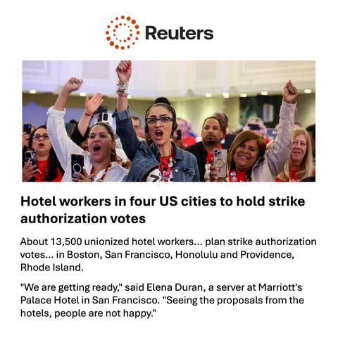 Reuters Headline

Hotel workers in four cities to hold strike authorization votes 