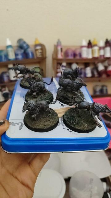 picture showcasing 6 gryph hound miniatures from warhammer age of sigmar painted in a custom color scheme based off a california quaill with  some leopard/fur spots 