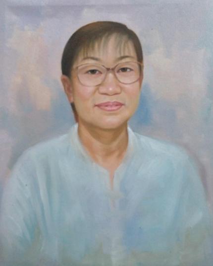 a painting of a woman, seen from her chest up, a cloudy pastel background, she has short hair, brown colored, large glasses, looking at the viewer with a warm expression 