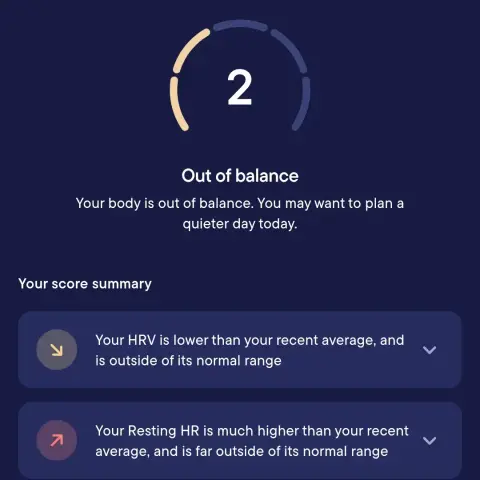 Screenshot of Visible daily advice: out of balance. You may want to plan a quieter day today. HRV is lower, Resting HR much higher and outside normal range