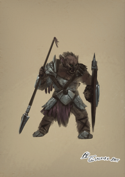 digital illustration of an anthropomorphic creature, a bugbear from the dungeons and dragons universe,which is a mix between goblin,orc,bear,wearing chainmail and plate armor, and wielding a spear and shield, in an impressionist style.