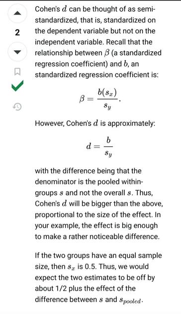 formula for the approximate relationship between a standardised reg coefficient and d