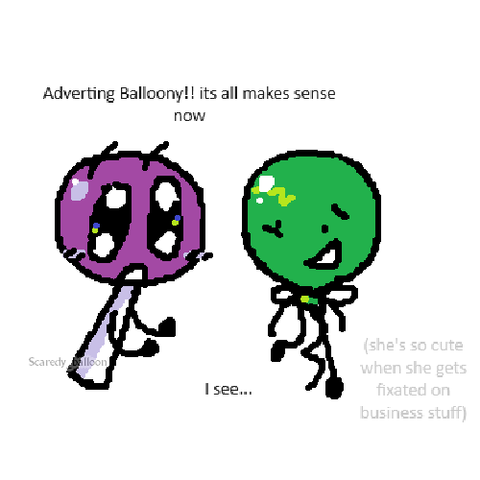 Lollipop with big eyes (Slight reference to bfb 13): Adverting Balloony!! it all makes sense now
Balloony: I see...
Balloony (thoughts): (she's so cute when she gets fixated on business stuff)