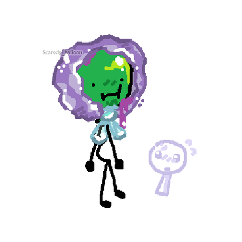 Balloony with the wrapper from doodle 2 wrapped around himself, bits of candy dripping off from it. Lollipop in the corner looking flustered.