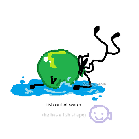 Balloony after diving head first into a puddle

fish out of water
(he has a fish shape) 