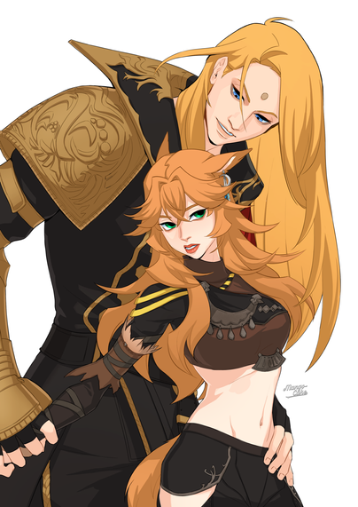 Digital artwork of Zenos from Final Fantasy XIV holding an orange-haired Miqo'te Warrior of Light in a possessive grip