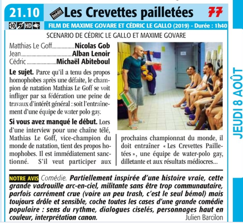 After making homophobic remarks, Mathias Le Goff, vice-world swimming champion, is sentenced to coach The Pailletées Shrimp, a gay water polo team, more motivated by the party than by the competition.
Release date: May 8, 2019 (France)
Directors: Cédric Le Gallo, Maxime Govare
Sequel: La Revanche des Crevettes pailletées
Distributed by: Universal Pictures
French: Les Crevettes pailletées