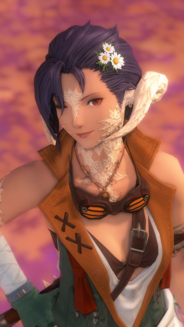 Portrait shot of Berin Rinrin with a wearing a sleeveless vest over a bikini top and mining goggles. She is winking up at the viewer.