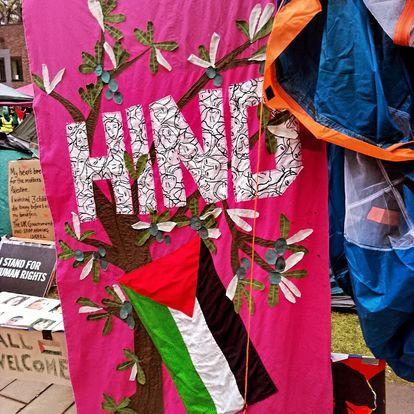 HIND banner at student encampment Newcastle University 