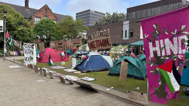 Newcastle University #encampment education workers and students protest solidarity with Palestine 
Hind and other banners banner on display