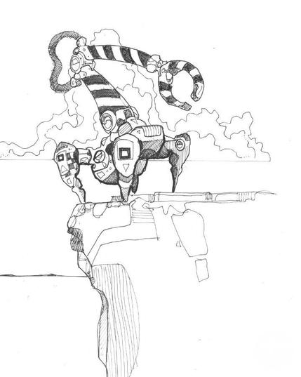 Pen sketch of a 4 leg walker with a large claw on an arm.