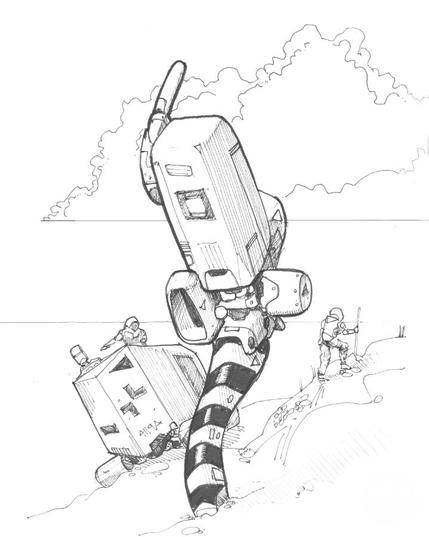 Pen sketch of a scifi scene with a prode in the foreground and a vehicle and figure in the background