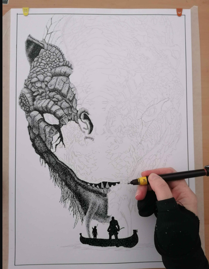 Work in progress of a dotwork image of Jormungandr from God of War Ragnarok