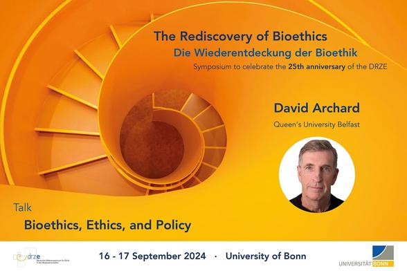 Bild mit dem Vortrags-Titel „Bioethics, Ethics, and Policy“ (c) DRZE unter Verwendung eines Bildes von Unsplash.com/Rolf Hecken