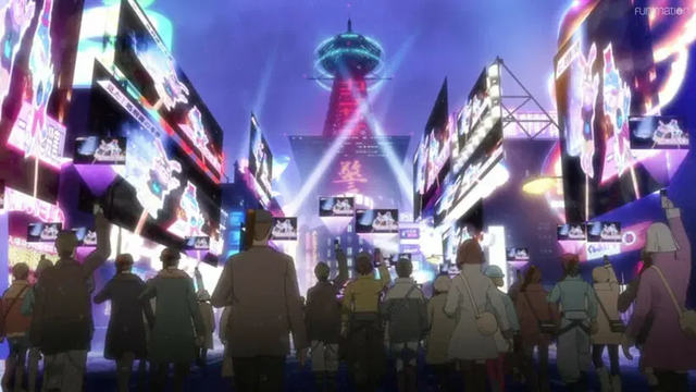 Screenshot from Akudama Drive that depicts a crowd of people protesting against the neon glow of a massive city
