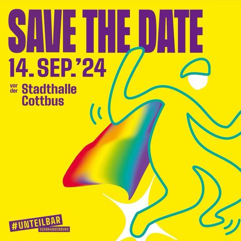 Banner „Save the date: 14. Sep. 24, vor der Stadthalle Cottbus. #unteilbar Südbrandenburg 