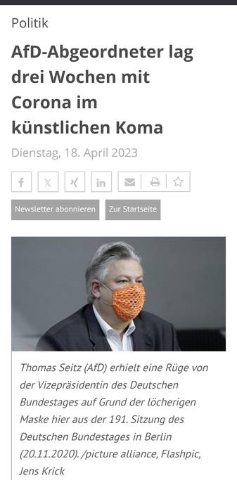 Afd Abgeordneter Seitz trug im Bundestag eine orange Fake Maske mit grossen Löchern. Wenig später Lage, drei Wochen mit einem schweren Corona Verlauf im künstlichen Koma in der Klinik.