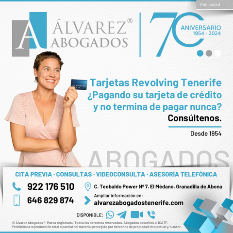 Abogados Tarjetas Revolving Tenerife. ¿Pagando su tarjeta de crédito y no termina de pagar nunca? Abogados Tarjetas Revolving en Tenerife. Reclame hoy mismo el dinero e intereses abusivos de su tarjeta revolving en Tenerife Sur. ¿Alguna duda? Contáctenos ahora.
https://alvarezabogadostenerife.com/2020/04/abogados-tarjetas-revolving-tenerife/

#alvarezabogados #abogadostenerife #tenerifelegal #Tenerife #Abogados #tarjetarevolving #usura #intereses #reclamacion #legal

