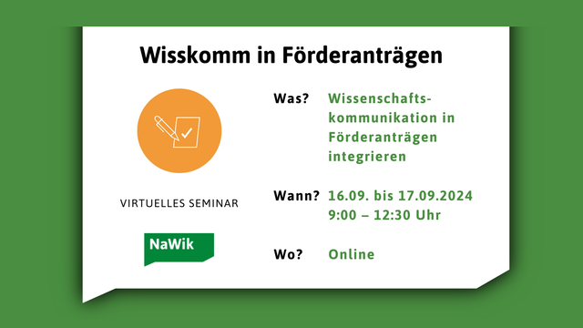 Eine grüner Hintergund und eine weiße Sprechblase mit einem Stift und einem Häkchen als Symbol für Wisskomm in Förderanträgen und Inos zum Seminar.