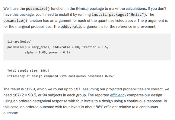 code example for computing sample size with ordinal data
