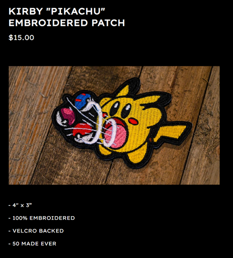 A Kirby/Pikachu mashup patch with Kirbychu inhaling pokeballs.