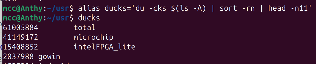 du -cks $(ls -A) | sort -rn | head -n11
41.1G microchip
15.4G intelFPGA_lite
20.4G gowin