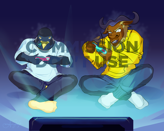 Desktop Wallpaper of Linux and GNU playing videogames