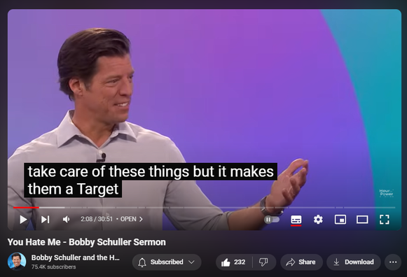 https://www.youtube.com/watch?v=RkA2Mf4F0Es
You Hate Me - Bobby Schuller Sermon


5,229 views  3 Aug 2024  ORANGE COUNTY
"You Hate Me," what a way to start a message. Pastor Bobby’s teaching is on the covenant God gave to Abraham, and how that covenant is still in place for us today. God promised that He would be our God and we would be His people, and we would be blessed to be a blessing, with today’s message, “You Are a Child of Abraham.”

🔗 Full service:    • You Are a Child of Abraham - Hour of ...  
 
🔔 Subscribe for weekly inspiration: https://bit.ly/3yMUtEr
💪 Support Hour of Power: https://bit.ly/3xY2eKf