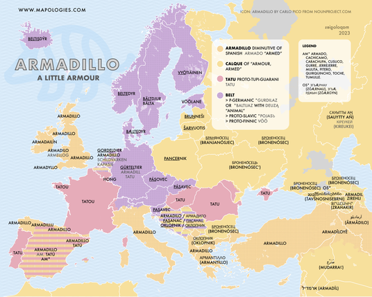 Etymology map of armadillo