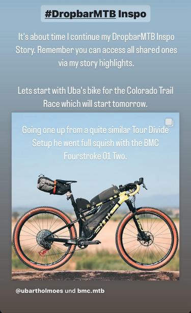 A social media post featuring information about Uba's bike setup for the Colorado Trail Race, highlighting a BMC Fourstroke 01 Two. The bike is shown with various bags attached, suitable for long trail rides. 