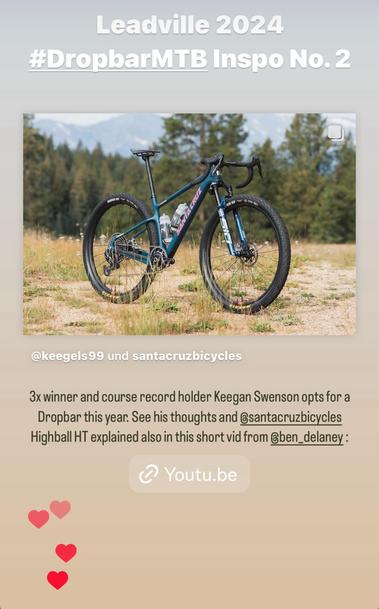 Mountain bike with drop handlebars in a grassy outdoor setting, promotional text for "Leadville 2024 #DropbarMTB Inspo No. 2," includes a YouTube link and mentions Keegan Swenson + Santa Cruz Bicycles
