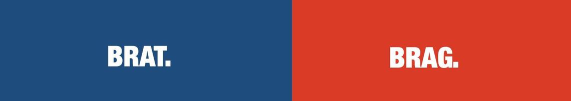 A rectangle split blue/red. On the blue (left) section it reads: Brat. On the red: Brag.