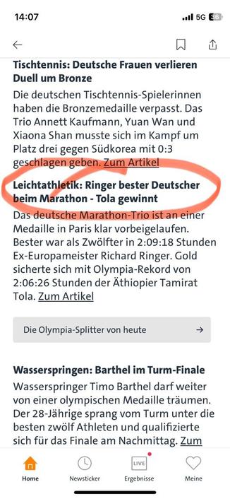 Screenshot Sportmeldungen Marathon Olympia Paris, gefunden auf der Sportschau-App
