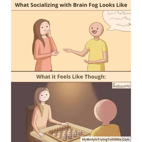 What socializing with brain fog looks like [ 2 people chatting ]

What it feels like though:

[2 people playing chess, one person sweating]
