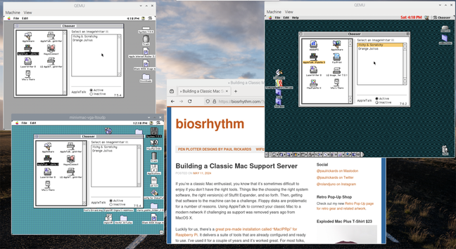 A screenshot of a Raspberry Pi desktop showing three emulated Mac desktops in windows. The top left is System 7.1, the bottom left is System 7.5.5. The top right is Mac OS 9.1. All three are showing the Chooser open with the AppleTalk MacPalette II driver selected. They're all showing that they located two ImageWriter II printers on the network. A web browser window is open behind to my blog biosrhythm.com.