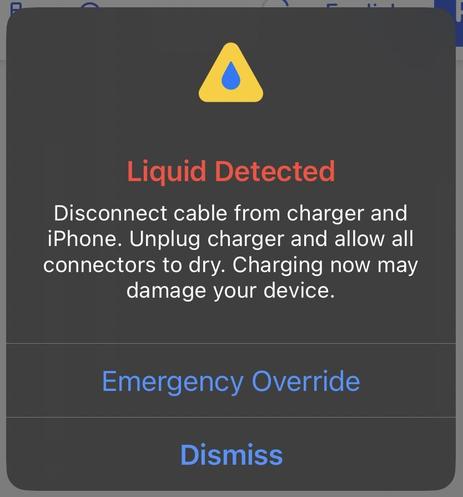 Liquid detected warning shown by iphone