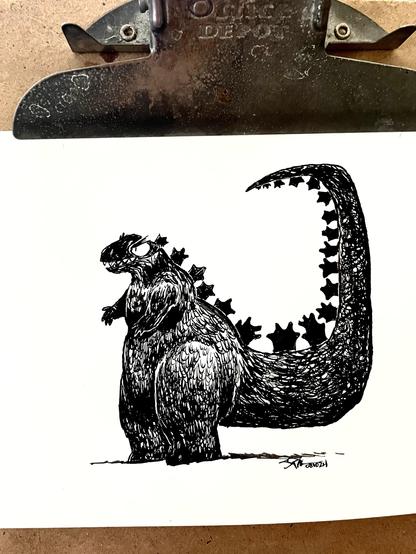 A pen and ink drawing of Godzilla