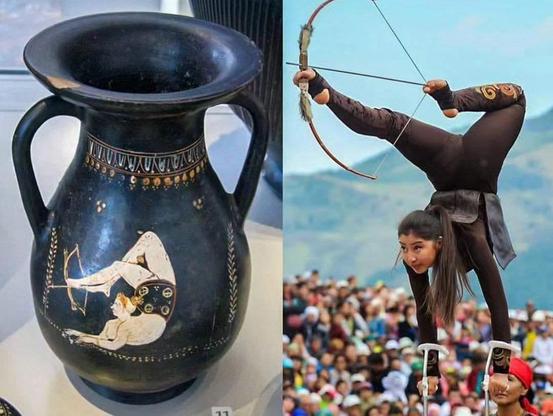 First image shows an 'Ancient Greek Pelike' (4th Century BC), depicting a woman acrobat shooting an arrow with her feet. (MET Museum)

Second image shows an acrobatic archer at the 2016, World Nomad Games held in Kyrgyzstan.

