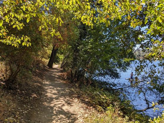 A dirt path on the side of the river. Trees are on both sides of the path. A man and his daughter are on a paddle board in the river.