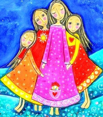 WHIMSICAL painting of four sweet heart girls 