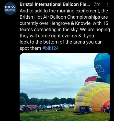 Screenshot from bristol baloon fiesta on X: And to add to the morning excitement, the British Hot Air Balloon Championships are currently over Hengrove & Knowle, with 15 teams competing in the sky. We are hoping they will come right over us & if you
look to the bottom of the arena you can spot them #bibf24 image: partially inflated balloons on the ground, other vehicles, trees and balloons in the air in the distance.