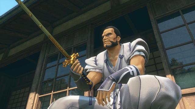 Screenshot of Sakura Wars for PlayStation 4. A large man holds a katana in his hand and gazes longingly at it.