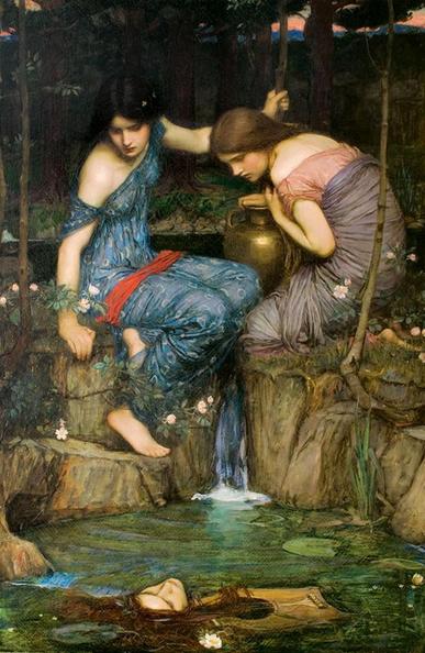 a painting, it is tall vertically, in green water in a pool from a brook is a man's head, his long hair floating, his musical instrument next to his head, two women sitting on rocks above the pool, one in a blue robe, the other in lavender, looking down at the head, a forest behind them 