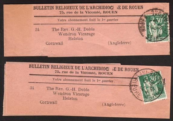 A pair of pinky-brown wrappers used to send two editions of the Bulletin Religieux de l'Archidiocèse de Rouen, addressed to The Rev G. H. Doble, Wendron Vicarage, Helston, Cornwall. Dated 7th and 20th of March 1937.