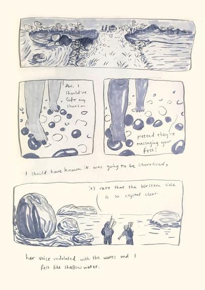 Illustrations in cartoon panels 
Sea water waves across rocks 

“Aw I should’ve left my shoes.”
(Barefoot on rocks in the seawater)

“Pretend they’re massaging your feet !
