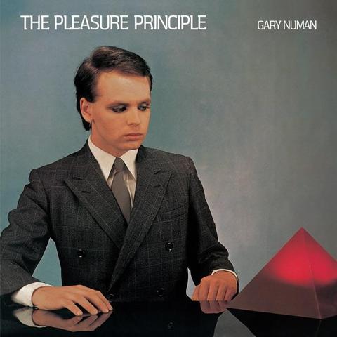 An image of the cover of the record album 'The Pleasure Principle' by Gary Numan