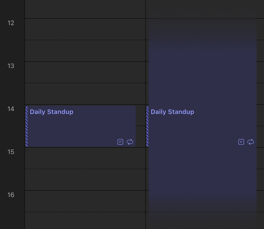 Screenshot of a calendar. There are two days with a meeting. On the left the meeting block takes up one hour. On the right the same meeting smears out over the hours before and after.