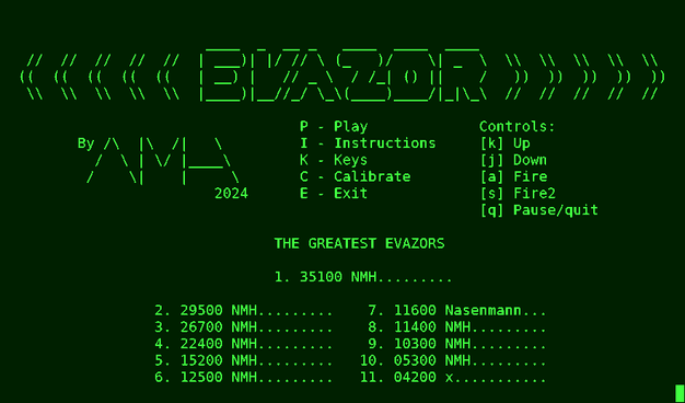 Title screen of the EVAZOR game with a fancy heading, credits, instructions, and high scores, all text.