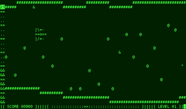 EVAZOR screenshot: a spaceship in a debris-filled tunnel, all ASCII art