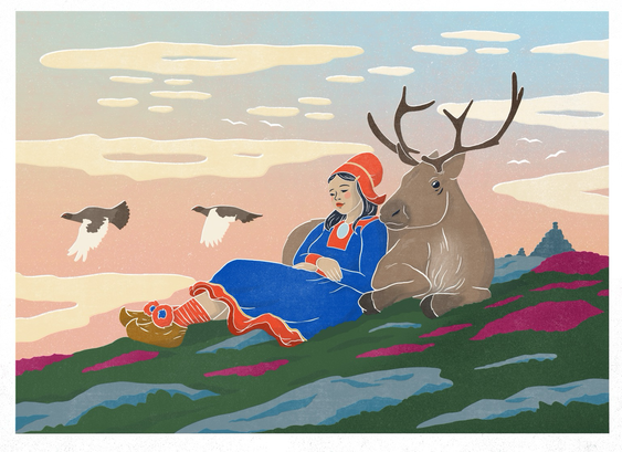 Sami woman relaxing with her reindeer